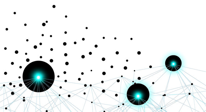 Abstract cluster of glowing teal orbs and scattered black dots, symbolic of data, science, or microscopic elements