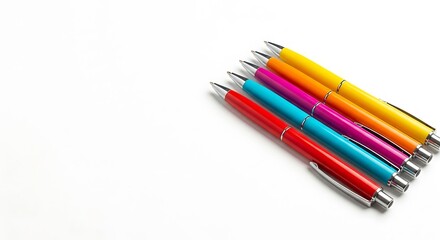 Fototapeta premium Colorful ballpoint pens in vibrant red blue pink orange and yellow colors arranged diagonally on a clean white surface for school office supplies