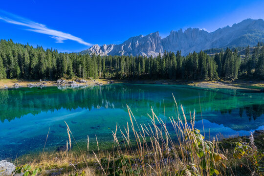 Lake de Carezza, Karer See ESTE, Carezza al Lago, Gruppo del Latemar mountains, South Tirol, Autonomous Province of Bolzano, Alto Adige, Italy