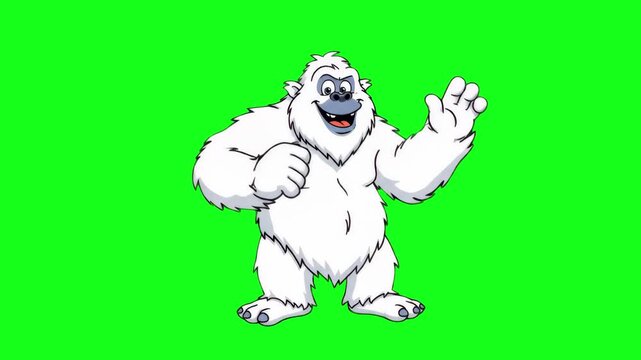 A happy white yeti or abominable snowman cartoon character standing and waving. This 2D animation is isolated on a chroma key green background for easy use in winter-themed projects.