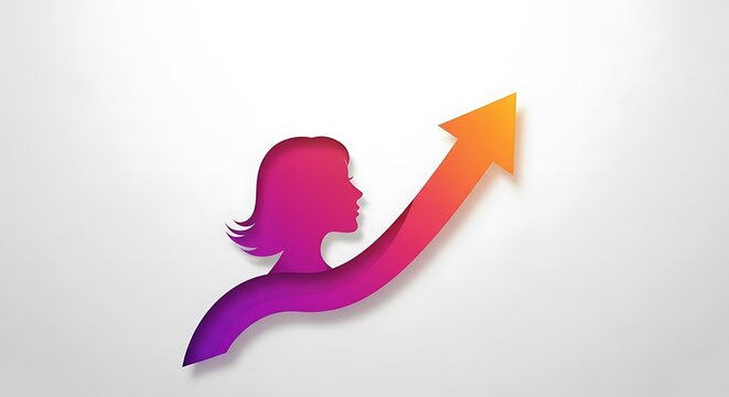Female leadership silhouette with rising arrow on white background representing career growth and business success for professional women today