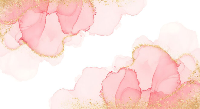 Pink and gold ink wash background with glitter accents with alcohol ink