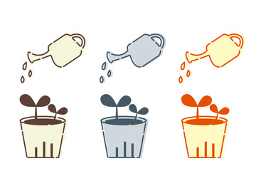 双葉の植木鉢に水やりをするじょうろの3色セット（プランター・ガーデニング・シンプルイラスト素材） © atumeru