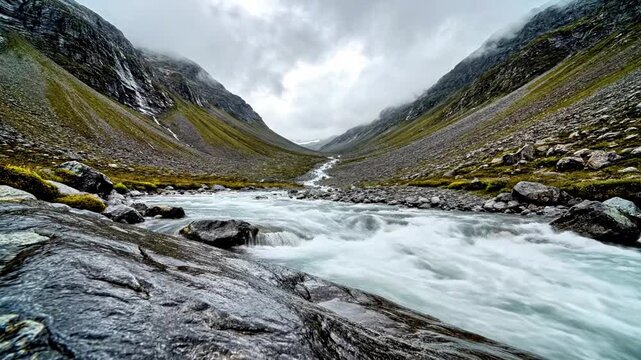 A serene mountain river flows through a rocky valley under a cloudy sky