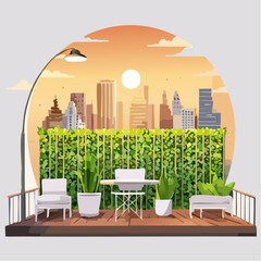 Naklejka premium Pixel Art Rooftop Terrace Oasis with City Skyline at Sunset Warm Golden Hour Ambiance White Furniture and Lush Green Plants