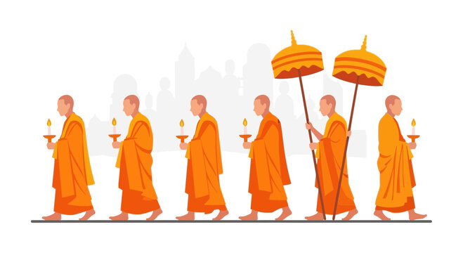 Buddhist monks walking in procession together.