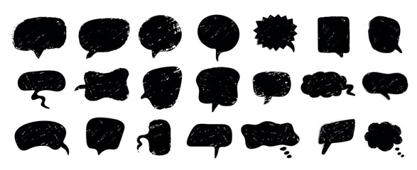 Black speech bubble set with hand-drawn texture on white background. Vector illustration of grunge chat clouds and comic bubbles for text, social media, stickers and creative design elements. © Oksana