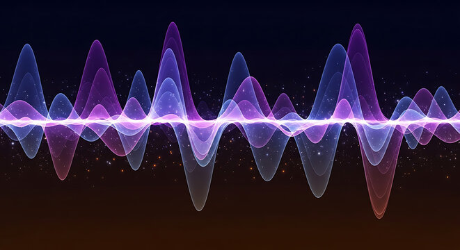 Dynamic purple blue abstract sound wave visualization on dark background, glowing digital audio spectrum for music and technology concepts, waveform visualization