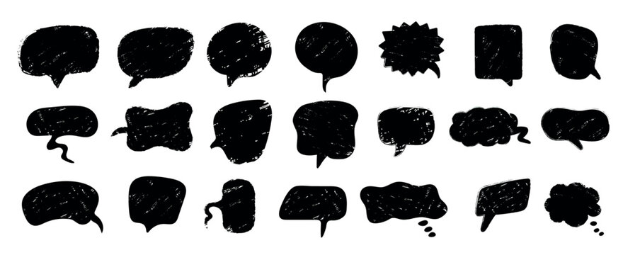 Black speech bubble set with hand-drawn texture on white background. Vector illustration of grunge chat clouds and comic bubbles for text, social media, stickers and creative design elements.