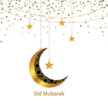 Golden crescent moon and stars decoration for eid mubarak celebration