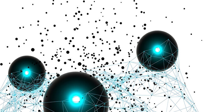 Abstract teal spheres and particles on white background, futuristic technology concept