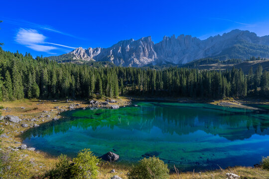Lake de Carezza, Karer See ESTE, Carezza al Lago, Gruppo del Latemar mountains, South Tirol, Autonomous Province of Bolzano, Alto Adige, Italy