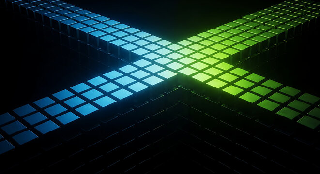 Intersection of blue and green illuminated square led light panels forming a cross shape on black background for digital technology, futuristic dance floor, gaming aesthetic or electronic grid