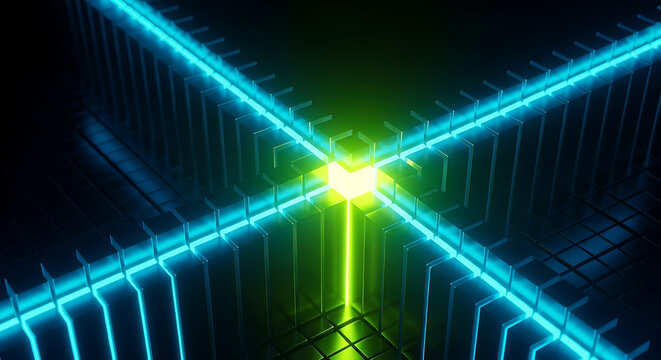 Abstract 3D neon blue laser grid background with glowing green light source and digital cyberpunk aesthetics for technology, computing, and futuristic electronic dance music design concepts