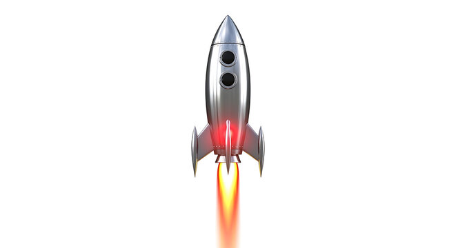Silver retro rocket ship launching with orange flame exhaust, vintage science fiction style, isolated on white for creative use, blast off