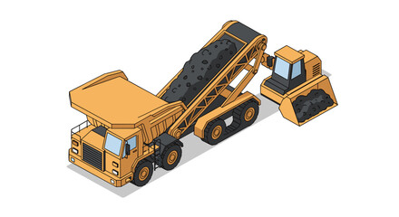 Heavy mining machinery loading coal into a dump truck. © Re
