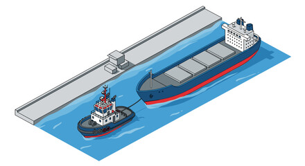 Isometric view of a cargo ship being assisted by a tugboat near a dock. © Re