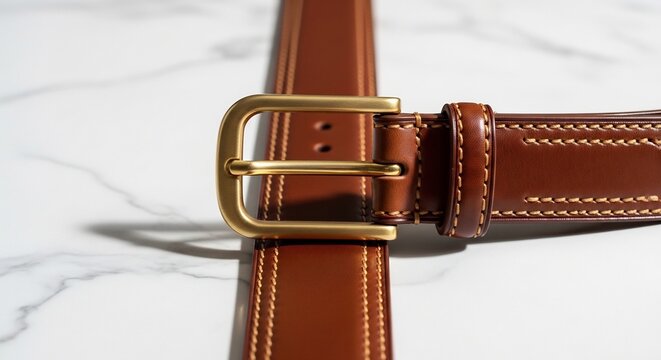 Close-up of a Brown Leather Belt with a Brass Buckle on a Marble Surface.