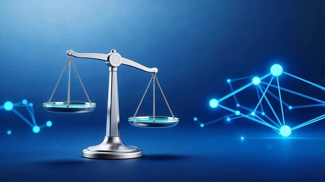 Metal justice scale balanced with glowing blue network nodes on deep blue background &mdash; symbolizing fairness, data integrity, and digital governance in law and technology.