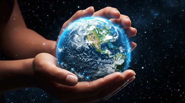 Hands Holding Earth in Space Cosmic.