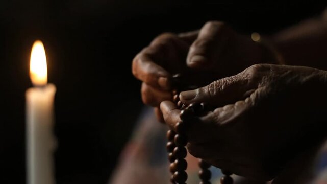 Hands holding prayer beads candlelight.