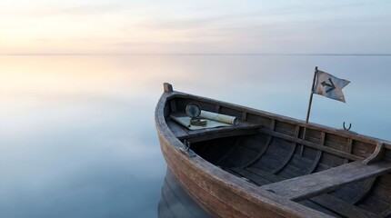 Obraz premium Close-up of a lone wooden boat with navigation tools on calm water, signaling a new business venture.