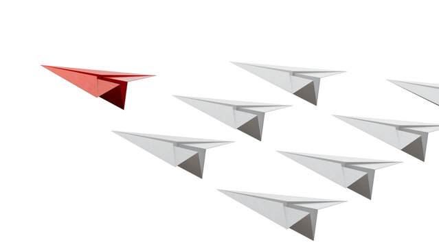 group of paper planes on a white background. concept of a strong leader in a team, manipulation of the masses, following new perspectives, collaboration and unification. Startup