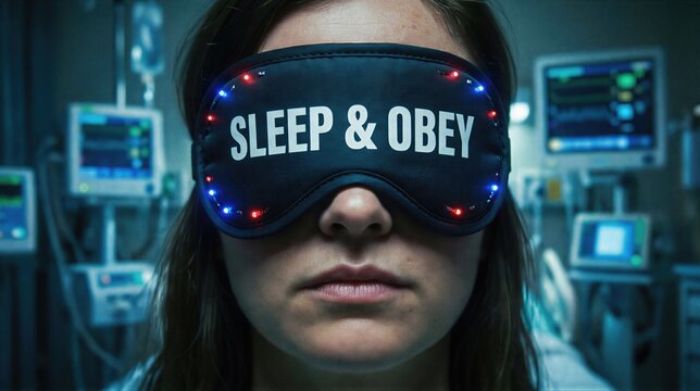 Woman wearing futuristic smart sleep mask with text sleep and obey in hospital room. Concept of mind control, brainwashing and forced hypnosis. Scary medical experiment on human brain.