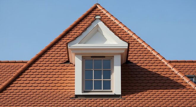 A close up view of a classic terracotta tiled roof featuring an elegant white trimmed dormer window