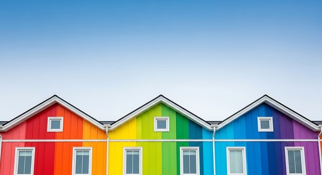 A vibrant row of modern houses featuring a bright rainbow gradient pattern against a clear sky