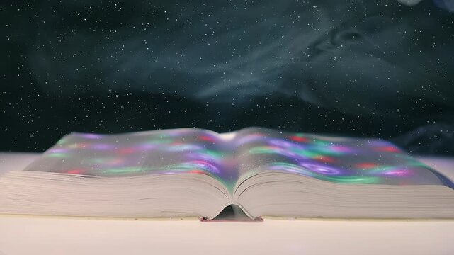 In a smoke space a thick open book lies on a white table, on a black background, colored light spots move across the pages. View through sparkling particles. Closeup