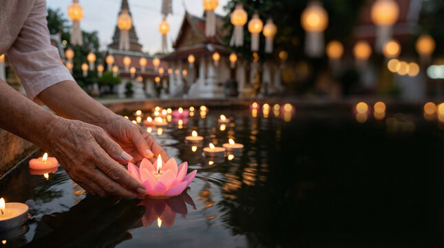 Hands releasing pink lotus flower candle Nelumbo nucifera into water during Vesak Day celebration at Buddhist temple at night with blurry lanterns and traditional architecture in background