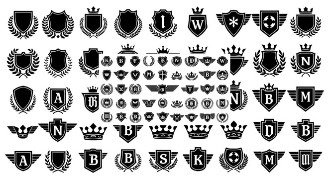 Collection of 54 black and white heraldic shields crests and logos with letters and laurel wreaths