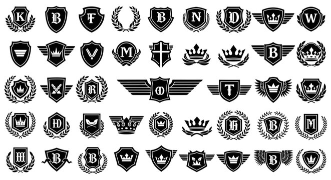 Collection of 40 black and white heraldic shields and crests logos
