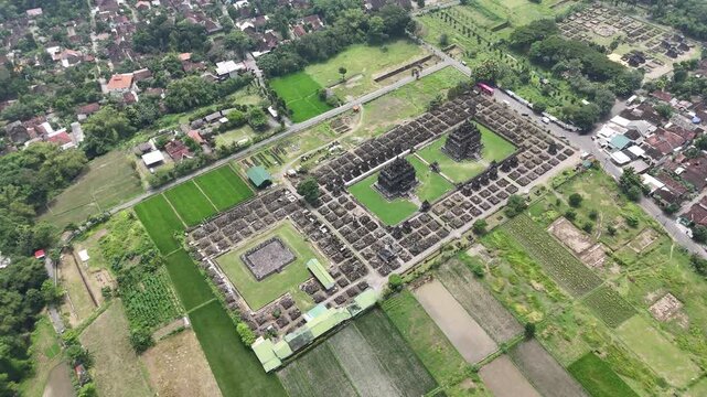 Wide aerial panorama of Plaosan Lor twin temples in Prambanan, Central Java