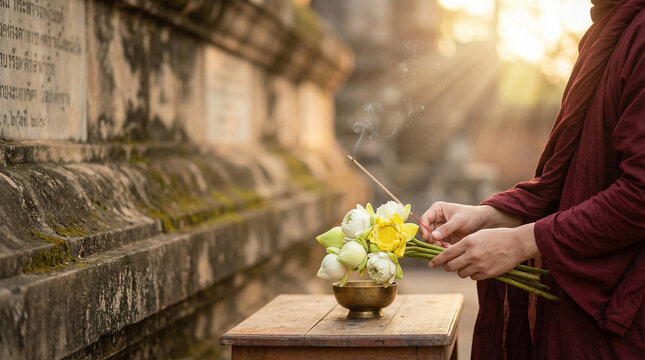Buddhist monk in red robe offering white lotus flowers Nelumbo nucifera and incense sticks in front of ancient temple wall during Vesak Day celebration with warm golden hour sunbeams background