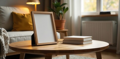 Fototapeta premium Blank wooden picture frame on a coffee table with books in a cozy living room setting