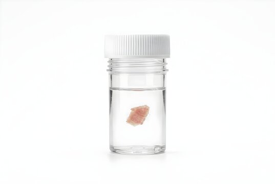 Medical Biopsy Tissue Specimen in a Clear Plastic Container with Preservative Fluid