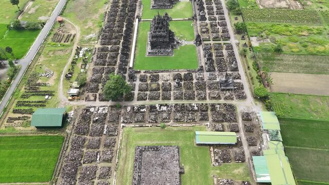 Low altitude drone flyover along the central axis of Candi Plaosan Lor temple, Indonesia