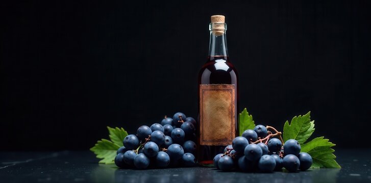 A bottle of dark red wine with a blank label sits beside bunches of ripe dark grapes on a dark surface