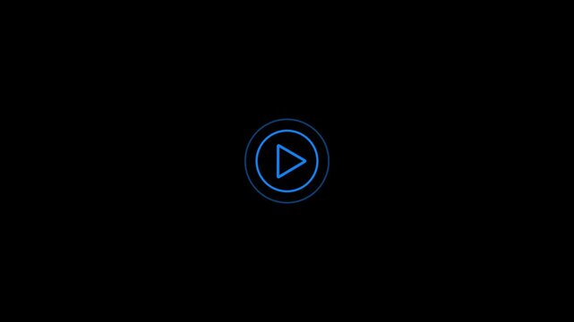 A striking blue play button with a thin circular outline and a solid triangle is precisely centered on a deep black background, indicating media playback and digital interface functionality