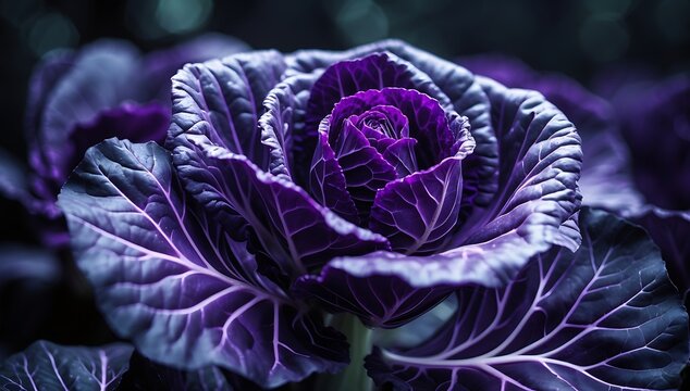 A vibrant purple cabbage with intricately detailed leaves unfolding like a flower, set against a dark blurred garden background in a hyper-realistic photography style.