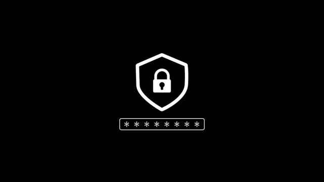A white shield with a padlock symbol inside representing security, positioned above a row of white asterisks symbolizing a password entry field, all set against a stark black background for a