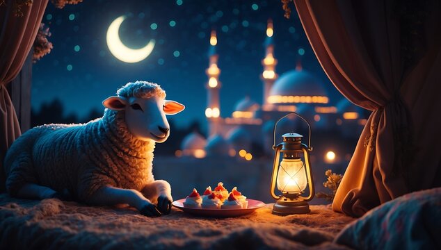A serene sheep rests on sandy dunes with a lantern and traditional sweets, overlooking a mosque under a crescent moon in a dreamy, romantic, nighttime, fantasy setting.