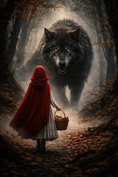 Little Red Riding Hood Facing Giant Wolf, Dark Fairy Tale Scene in Enchanted Forest