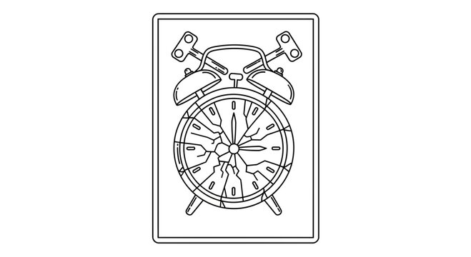 Monochrome line art illustration of a distressed antique alarm clock featuring a fractured dial