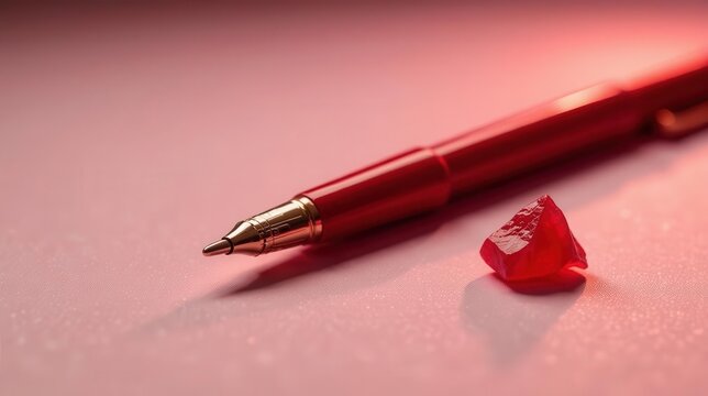 Crimson Pen and Gemstone on Rosy Surface A Still Life Study of Elegance and Craftsmanship