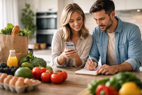 AI generated modern household managing grocery needs with predictive list using smartphone and fresh ingredients on kitchen counter clean lifestyle efficient planning daily routine