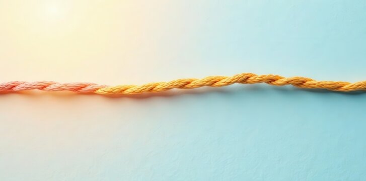 A single continuous braided rope, transitioning from light pink to golden yellow, lies elegantly on a pastel blue background, suggesting a conceptual representation of transformation and connection.