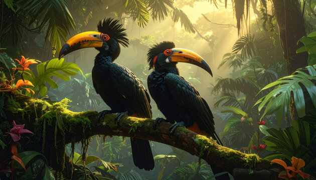 Burung toucan eksotik dengan paruh oranye kuning yang berwarna-warni duduk tenang di atas dahan pohon hutan hujan tropis Brazil yang alami dan liar